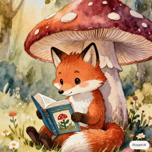 Kling 3.0 Image: Children's book illustration of a shy fox reading a book under a big mushroom, soft watercolour texture, friendly rounded shapes