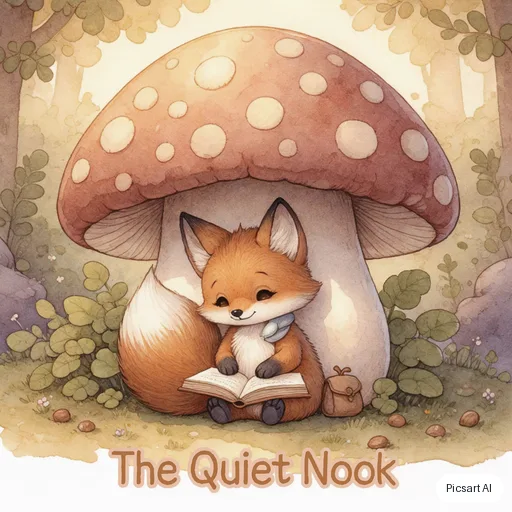 Luma UNI-1: Children's book illustration of a shy fox reading a book under a big mushroom, soft watercolour texture, friendly rounded shapes