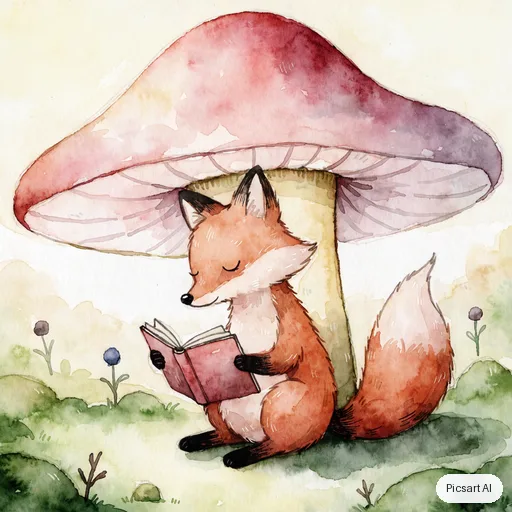 Recraft V4.1: Children's book illustration of a shy fox reading a book under a big mushroom, soft watercolour texture, friendly rounded shapes