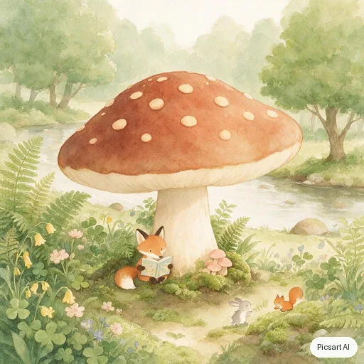 Seedream 5.0 Pro: Children's book illustration of a shy fox reading a book under a big mushroom, soft watercolour texture, friendly rounded shapes