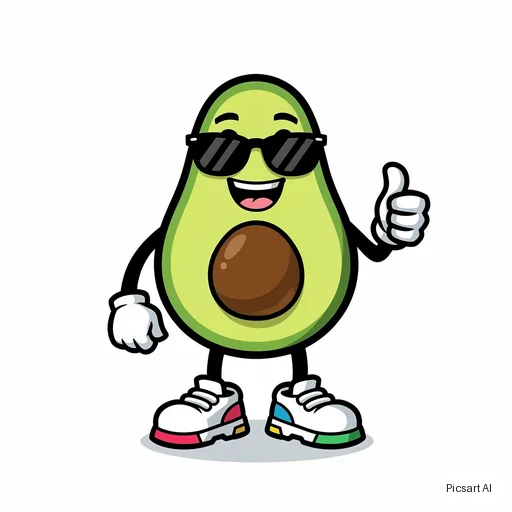 Flux 2 Pro: cartoon mascot of a happy avocado wearing sunglasses and sneakers, bold outlines, flat colours, white background