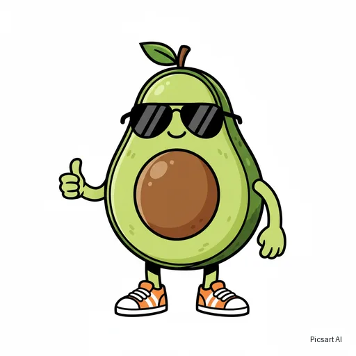 Nano Banana: cartoon mascot of a happy avocado wearing sunglasses and sneakers, bold outlines, flat colours, white background
