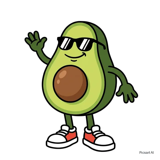 Nano Banana Pro: cartoon mascot of a happy avocado wearing sunglasses and sneakers, bold outlines, flat colours, white background