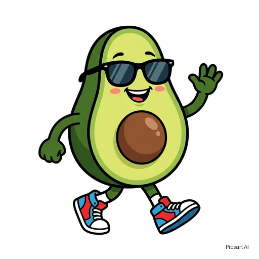 Nano Banana 2: cartoon mascot of a happy avocado wearing sunglasses and sneakers, bold outlines, flat colours, white background