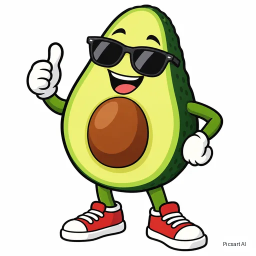 GPT Image 2.5 Sunburst: cartoon mascot of a happy avocado wearing sunglasses and sneakers, bold outlines, flat colours, white background