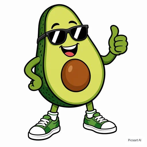 GPT Image 2: cartoon mascot of a happy avocado wearing sunglasses and sneakers, bold outlines, flat colours, white background