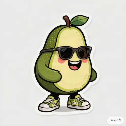 Hunyuan V3: cartoon mascot of a happy avocado wearing sunglasses and sneakers, bold outlines, flat colours, white background