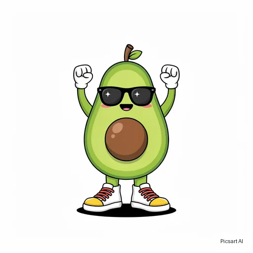 Ideogram 4.5: cartoon mascot of a happy avocado wearing sunglasses and sneakers, bold outlines, flat colours, white background