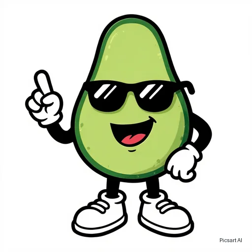 Kling 3.0 Image: cartoon mascot of a happy avocado wearing sunglasses and sneakers, bold outlines, flat colours, white background
