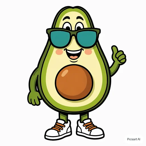 Luma UNI-1: cartoon mascot of a happy avocado wearing sunglasses and sneakers, bold outlines, flat colours, white background