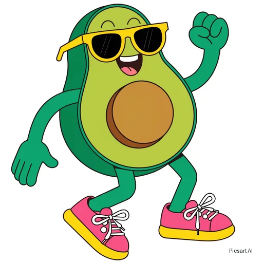 Recraft V4.1: cartoon mascot of a happy avocado wearing sunglasses and sneakers, bold outlines, flat colours, white background