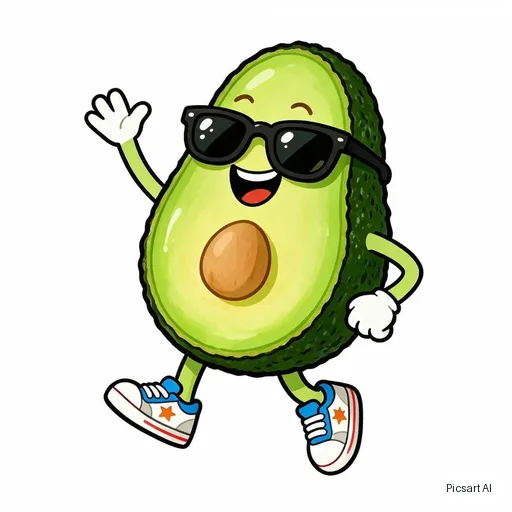 Seedream 5.0 Pro: cartoon mascot of a happy avocado wearing sunglasses and sneakers, bold outlines, flat colours, white background