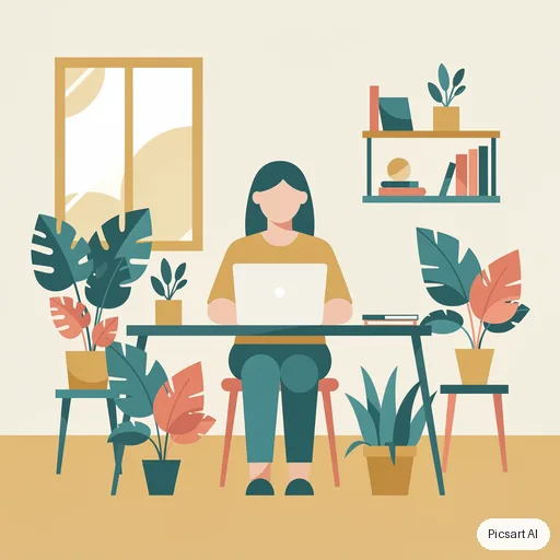 Flux 2 Pro: Flat vector illustration of a woman working on a laptop in a plant-filled home office, limited palette of mustard, teal and coral, clean geometric shapes