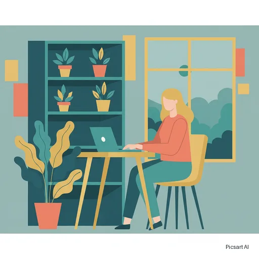 Nano Banana: Flat vector illustration of a woman working on a laptop in a plant-filled home office, limited palette of mustard, teal and coral, clean geometric shapes