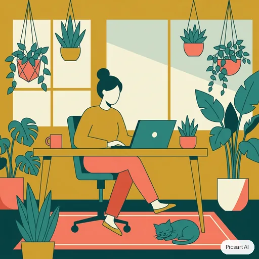 Nano Banana Pro: Flat vector illustration of a woman working on a laptop in a plant-filled home office, limited palette of mustard, teal and coral, clean geometric shapes