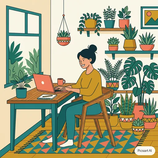 Nano Banana 2: Flat vector illustration of a woman working on a laptop in a plant-filled home office, limited palette of mustard, teal and coral, clean geometric shapes