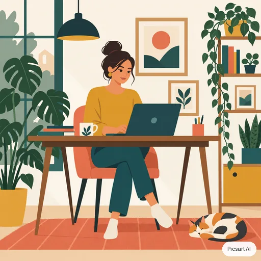 GPT Image 2.5 Sunburst: Flat vector illustration of a woman working on a laptop in a plant-filled home office, limited palette of mustard, teal and coral, clean geometric shapes