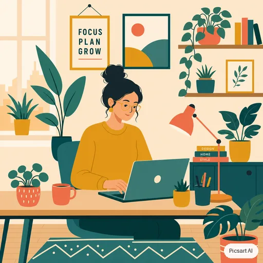 GPT Image 2: Flat vector illustration of a woman working on a laptop in a plant-filled home office, limited palette of mustard, teal and coral, clean geometric shapes