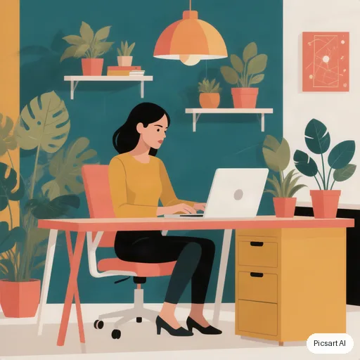 Hunyuan V3: Flat vector illustration of a woman working on a laptop in a plant-filled home office, limited palette of mustard, teal and coral, clean geometric shapes
