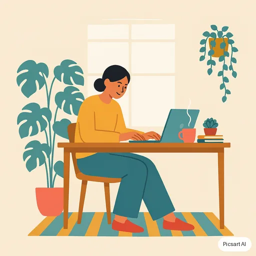 Ideogram 4.5: Flat vector illustration of a woman working on a laptop in a plant-filled home office, limited palette of mustard, teal and coral, clean geometric shapes