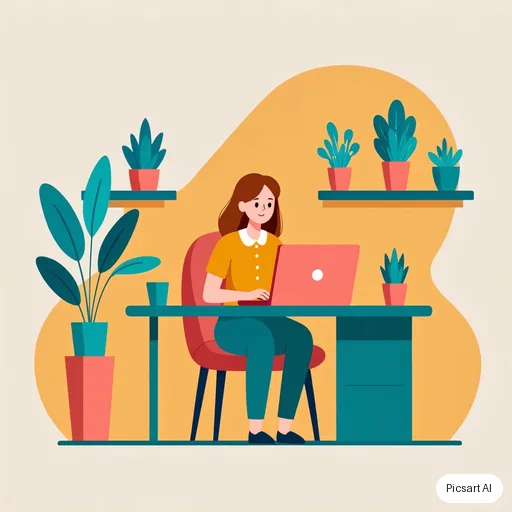 Kling 3.0 Image: Flat vector illustration of a woman working on a laptop in a plant-filled home office, limited palette of mustard, teal and coral, clean geometric shapes