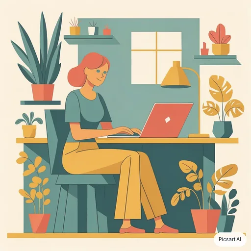 Luma UNI-1: Flat vector illustration of a woman working on a laptop in a plant-filled home office, limited palette of mustard, teal and coral, clean geometric shapes
