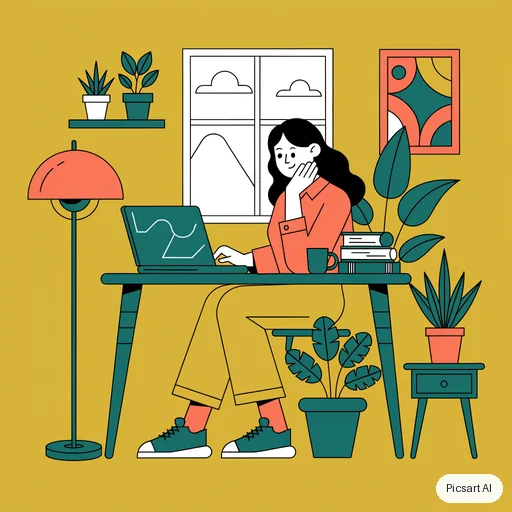 Recraft V4.1: Flat vector illustration of a woman working on a laptop in a plant-filled home office, limited palette of mustard, teal and coral, clean geometric shapes