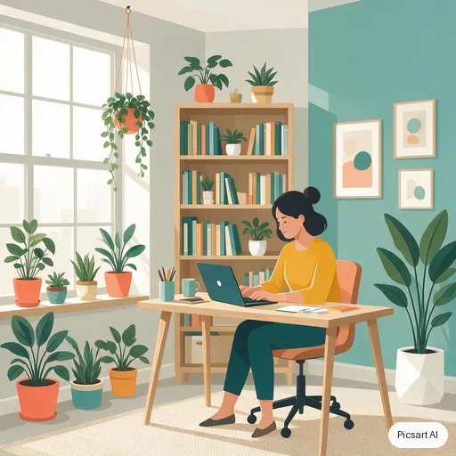 Seedream 5.0 Pro: Flat vector illustration of a woman working on a laptop in a plant-filled home office, limited palette of mustard, teal and coral, clean geometric shapes