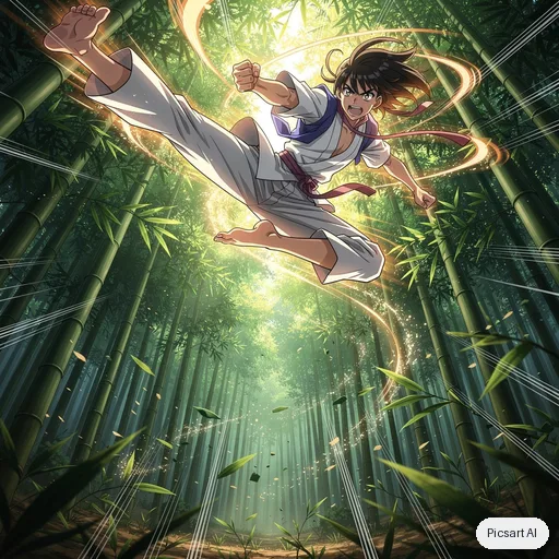 Flux 2 Pro: Dynamic anime action shot of a young martial artist mid-leap above a bamboo forest, motion lines, dramatic low angle, vibrant colours
