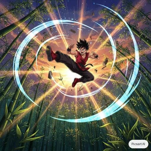 Nano Banana: Dynamic anime action shot of a young martial artist mid-leap above a bamboo forest, motion lines, dramatic low angle, vibrant colours