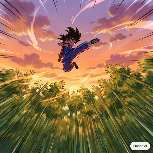 Nano Banana Pro: Dynamic anime action shot of a young martial artist mid-leap above a bamboo forest, motion lines, dramatic low angle, vibrant colours