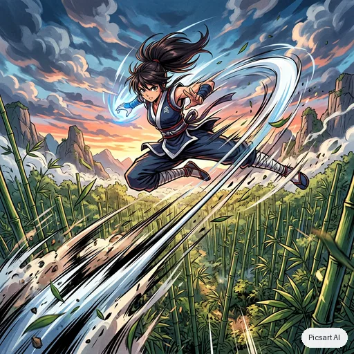 Nano Banana 2: Dynamic anime action shot of a young martial artist mid-leap above a bamboo forest, motion lines, dramatic low angle, vibrant colours