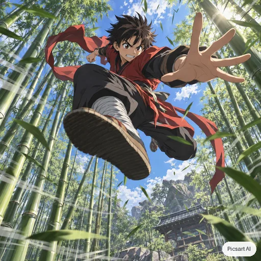 GPT Image 2.5 Sunburst output for: Dynamic anime action shot of a young martial artist mid-leap above a bamboo forest, motion lines, dramatic low angle, vibrant colours