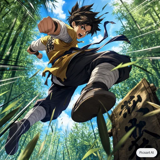 GPT Image 2: Dynamic anime action shot of a young martial artist mid-leap above a bamboo forest, motion lines, dramatic low angle, vibrant colours