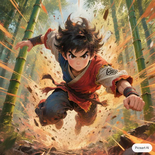 Hunyuan V3: Dynamic anime action shot of a young martial artist mid-leap above a bamboo forest, motion lines, dramatic low angle, vibrant colours