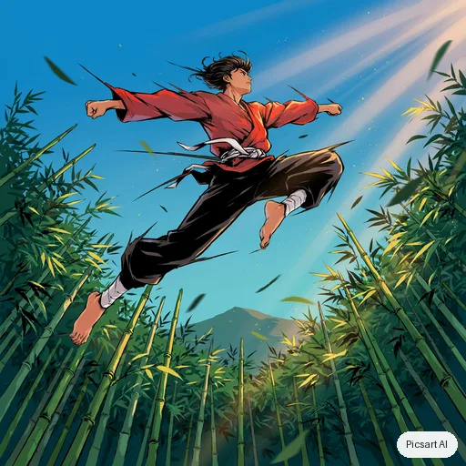 Ideogram 4.5: Dynamic anime action shot of a young martial artist mid-leap above a bamboo forest, motion lines, dramatic low angle, vibrant colours