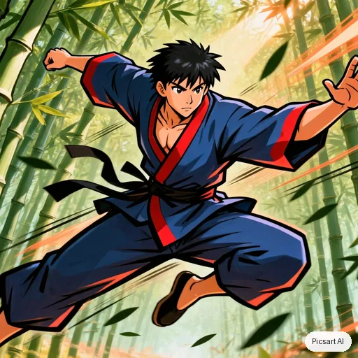 Kling 3.0 Image: Dynamic anime action shot of a young martial artist mid-leap above a bamboo forest, motion lines, dramatic low angle, vibrant colours