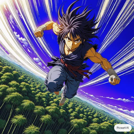 Luma UNI-1: Dynamic anime action shot of a young martial artist mid-leap above a bamboo forest, motion lines, dramatic low angle, vibrant colours