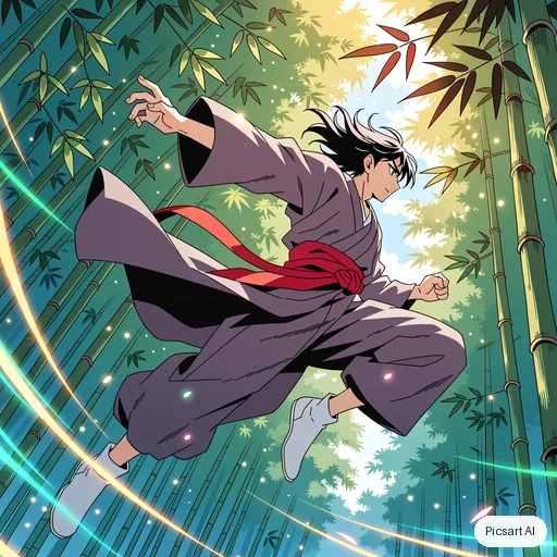 Recraft V4.1: Dynamic anime action shot of a young martial artist mid-leap above a bamboo forest, motion lines, dramatic low angle, vibrant colours