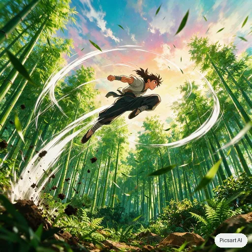 Seedream 5.0 Pro: Dynamic anime action shot of a young martial artist mid-leap above a bamboo forest, motion lines, dramatic low angle, vibrant colours