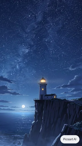 Flux 2 Pro: anime phone wallpaper, a lonely lighthouse on a cliff at night, huge starry sky, tiny warm window light, vertical