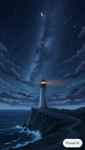 Nano Banana: anime phone wallpaper, a lonely lighthouse on a cliff at night, huge starry sky, tiny warm window light, vertical