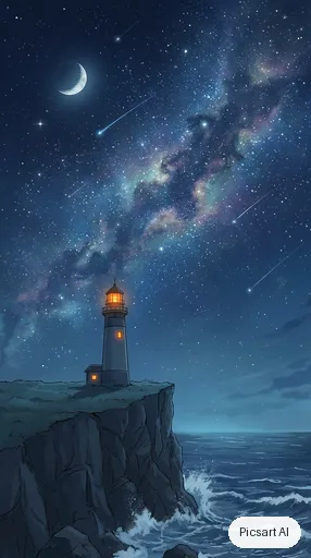 Nano Banana Pro: anime phone wallpaper, a lonely lighthouse on a cliff at night, huge starry sky, tiny warm window light, vertical