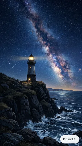 Nano Banana 2: anime phone wallpaper, a lonely lighthouse on a cliff at night, huge starry sky, tiny warm window light, vertical
