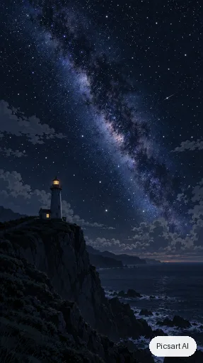 GPT Image 2.5 Sunburst: anime phone wallpaper, a lonely lighthouse on a cliff at night, huge starry sky, tiny warm window light, vertical