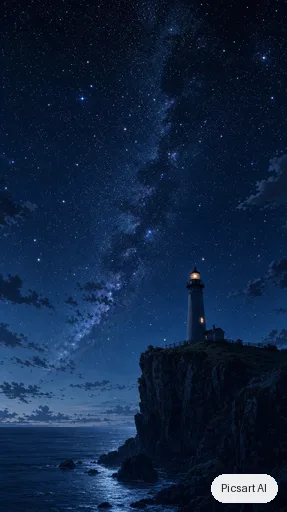 GPT Image 2: anime phone wallpaper, a lonely lighthouse on a cliff at night, huge starry sky, tiny warm window light, vertical