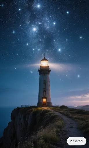 Hunyuan V3: anime phone wallpaper, a lonely lighthouse on a cliff at night, huge starry sky, tiny warm window light, vertical