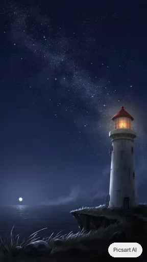 Ideogram 4.5: anime phone wallpaper, a lonely lighthouse on a cliff at night, huge starry sky, tiny warm window light, vertical