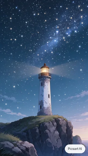 Kling 3.0 Image: anime phone wallpaper, a lonely lighthouse on a cliff at night, huge starry sky, tiny warm window light, vertical