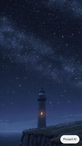 Luma UNI-1: anime phone wallpaper, a lonely lighthouse on a cliff at night, huge starry sky, tiny warm window light, vertical